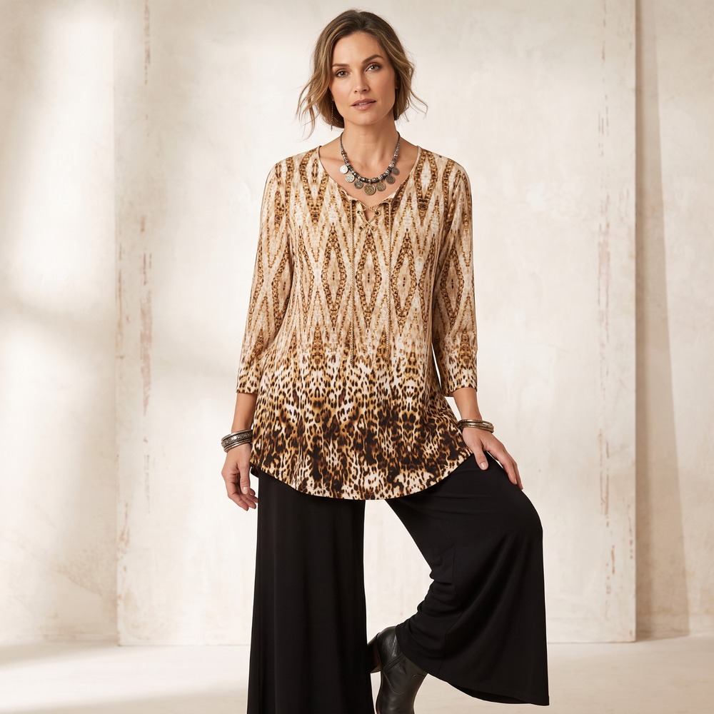 Ruby Rd Mixed Print Animal Chain Tunic Top Tie Neck Boho Earthy Grunge 90s Y2k L
